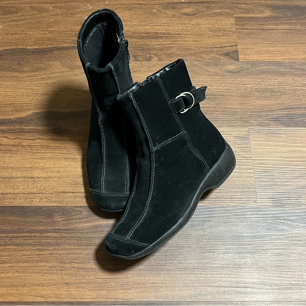 Black suede leather patchwork ankle boots